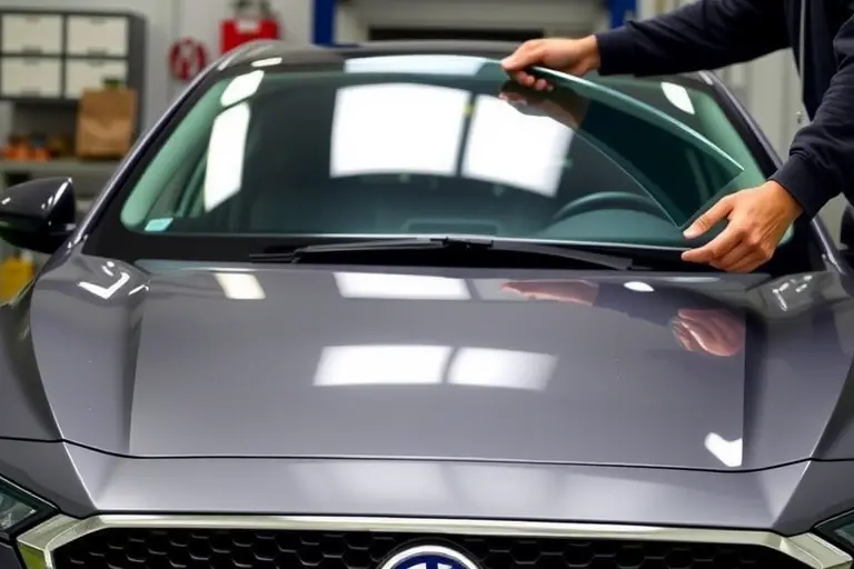 A detailed view of a MG ZS 1.5 L 114 hp car with a newly installed windshield, showing the clear glass, the car's front grill, and a mechanic's hands holding the glass panel, with a workshop background