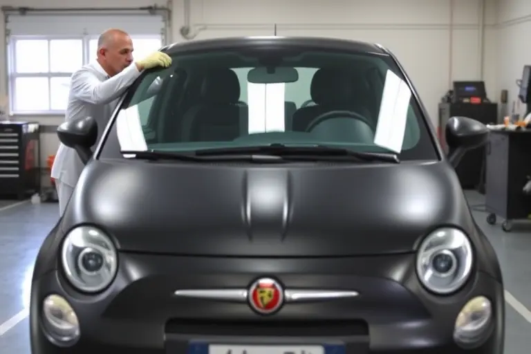 A sleek Abarth 595 (2019 model) parked in a professional auto glass workshop, a technician in a clean uniform and safety gloves carefully removing the old windshield and positioning a new, crystal‑clear windshield into the frame. The focus is on the car's front, highlighting the distinctive Abarth styling cues and the precise fit of the new glass, with workshop tools and a clean, well‑lit environment in the background.
