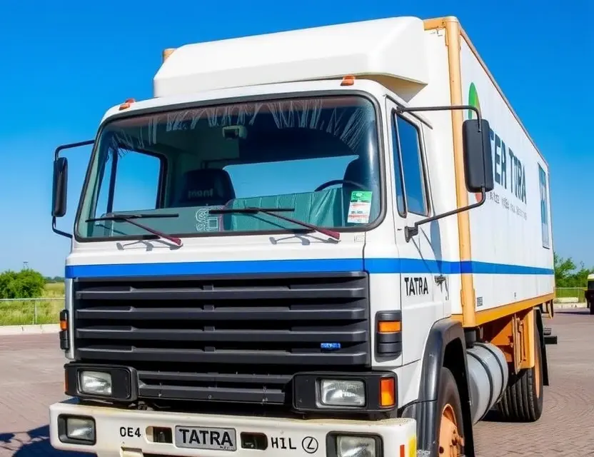 A Tatra truck with a replaced windshield, showcasing the new glass. The truck should be parked on a paved surface, with a clear blue sky in the background. Focus on the detail of the replacement windshield and the truck's overall condition.