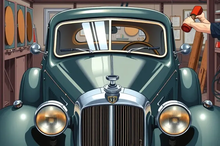 A detailed illustration of a classic 1938 Alvis 4.3 Litre car in a workshop, focusing on the front of the vehicle as a mechanic carefully removes the old windshield and installs a new one. The scene shows the car's vintage bodywork, the open hood, and the windshield frame, with tools like a suction cup and a rubber mallet nearby. The lighting highlights the glass and metal surfaces, emphasizing the craftsmanship of the replacement process.