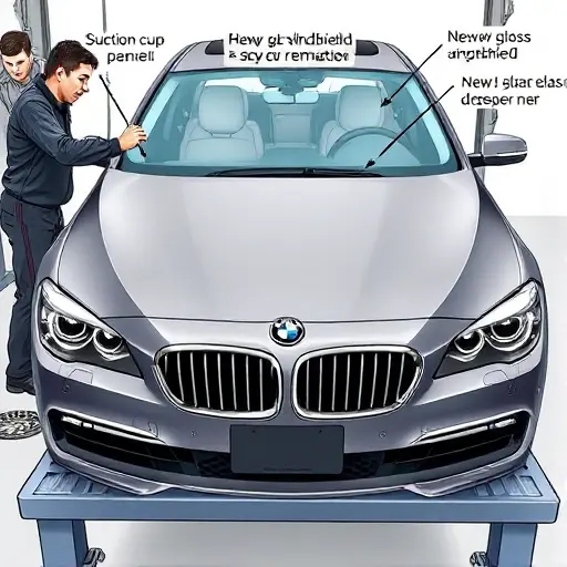 A detailed illustration of a mechanic replacing the windshield of a BMW 7 Series F01 6.0 V12 544 hp (2008-2015). The scene shows the front of the car on a workbench, the old windshield being removed, a new glass panel being fitted, tools such as a suction cup, a sealant dispenser, and a protective cover. The focus is on the glass and the precise alignment, with the car's front bumper and headlights visible. The background is a clean workshop environment.