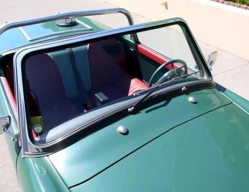 A detailed, high-quality image of an Austin Healey Sprite with a replaced windshield. The car is parked outdoors on a sunny day. The new windshield is clear and seamlessly integrated with the old one. Focus on the craftsmanship of the replacement and the overall aesthetic of the car.