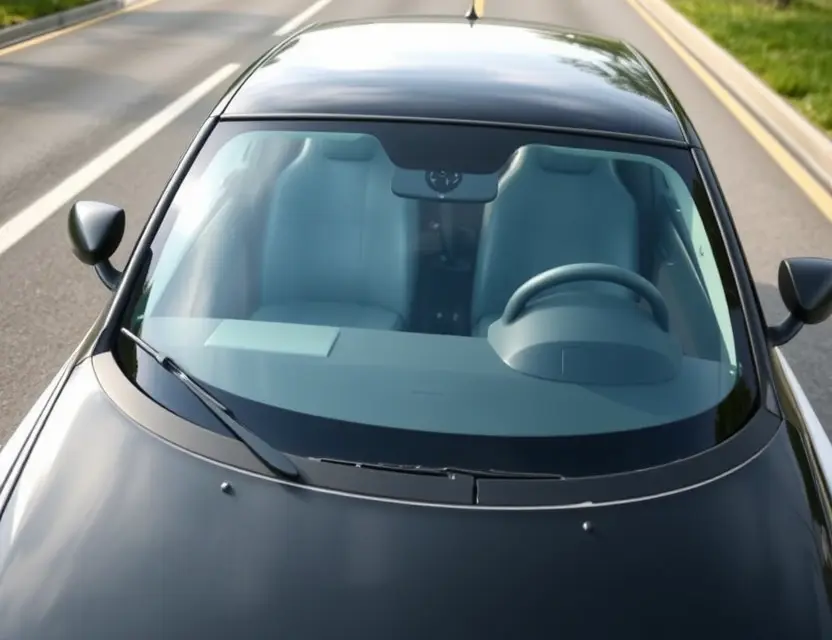 A high-quality image of a Wiesmann car with a replaced windshield, showcasing the new glass. The car should be parked on a clean, well-lit road. Focus on the clarity and quality of the replacement windshield.