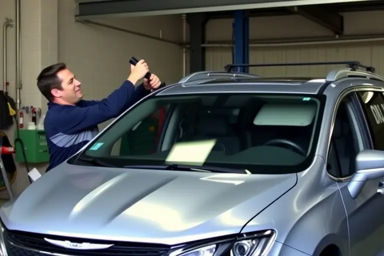 A mechanic in a garage replacing the windshield of a 2016 Chrysler Pacifica 3.6 V6 287 hp, with the car on a lift, tools and a new windshield visible, no text or lettering