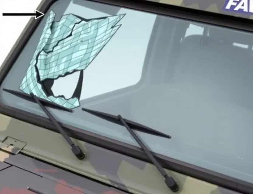 A close-up shot of a FAW vehicle with a damaged windshield, showing the area where the glass needs replacement. The background should be a clean, neutral color.