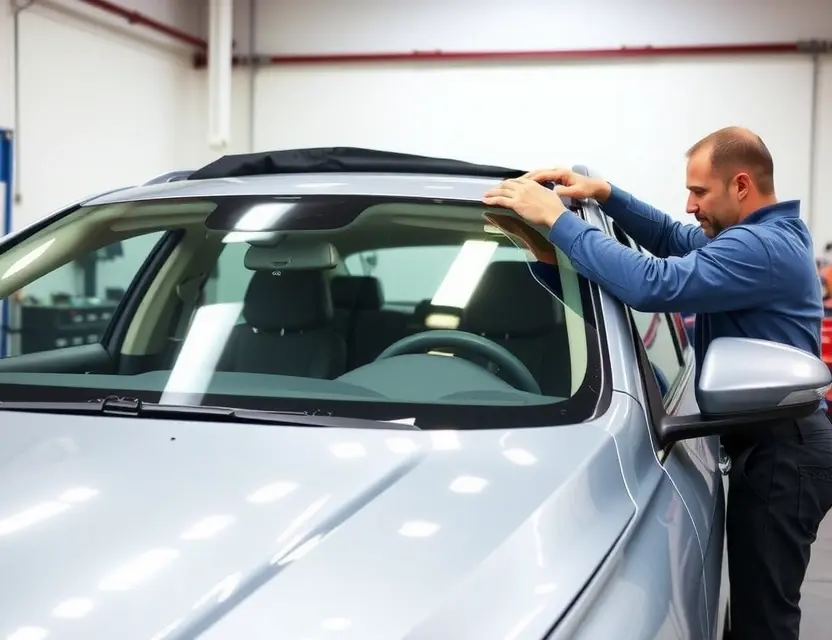 A high-quality image depicting a car windshield being replaced by an Iso Grifo windshield replacement service. The image should focus on the process, showing a technician working on a car with the old windshield being removed and the new Iso Grifo windshield being installed. The car should be a modern sedan. The background should be a clean, well-lit garage or workshop environment.