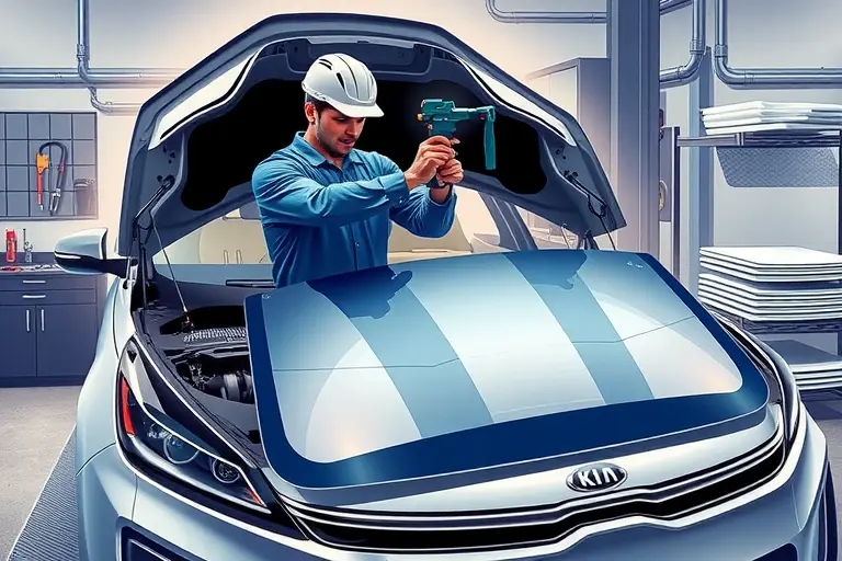 A detailed, realistic illustration of a mechanic in a well-lit automotive repair shop, carefully removing the old windshield from a Kia Sorento PHEV 1.6 Turbo. The scene shows the car's front side with the hood slightly open, revealing the electric motor and the vehicle's interior components. The mechanic, wearing a blue coveralls and a safety helmet, is using a specialized windshield removal tool. The new windshield is positioned on a clean, flat surface, ready for installation. The background includes a workbench with automotive tools, a small stack of replacement glass panels, and a subtle reflection of the garage lights on the car's metal body. The focus is on the precision of the replacement process, highlighting the interaction between the mechanical tools, the vehicle's electric motor, and the new glass panel.