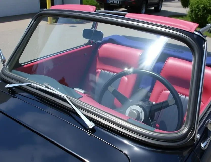 A Sunbeam Alpine with a replaced windshield, showcasing the new glass. The car is parked outdoors on a sunny day. Focus on the clarity and fit of the replacement windshield.