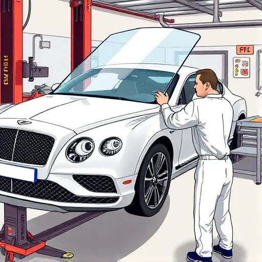 A realistic illustration of a mechanic replacing the windshield of a Bentley Continental GT 4.0 L V8 Twin Turbo in a garage. The car is partially lifted on a hydraulic lift, the old windshield is being removed, and a new clear glass panel is being installed. Tools such as a suction cup, a glass cutter, and a sealant gun are visible. The background shows a workshop with a workbench, a car jack, and a tool rack. The scene is detailed, with proper lighting and shadows, focusing on the precision of the replacement process.