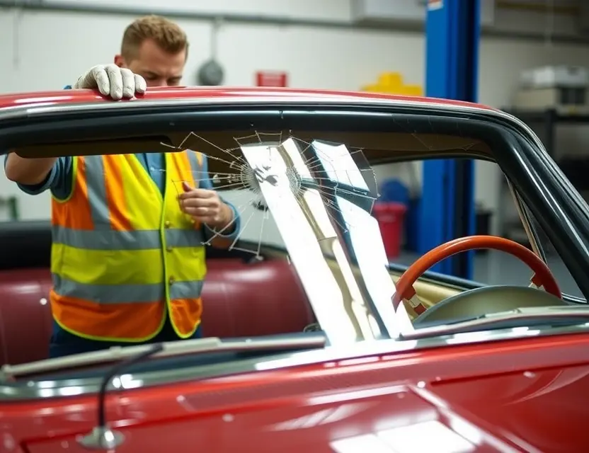 A DeSoto Firedome with a cracked windshield being replaced by a mechanic. The mechanic is wearing a safety vest and gloves. The replacement windshield is being installed. The background shows a garage or repair shop.
