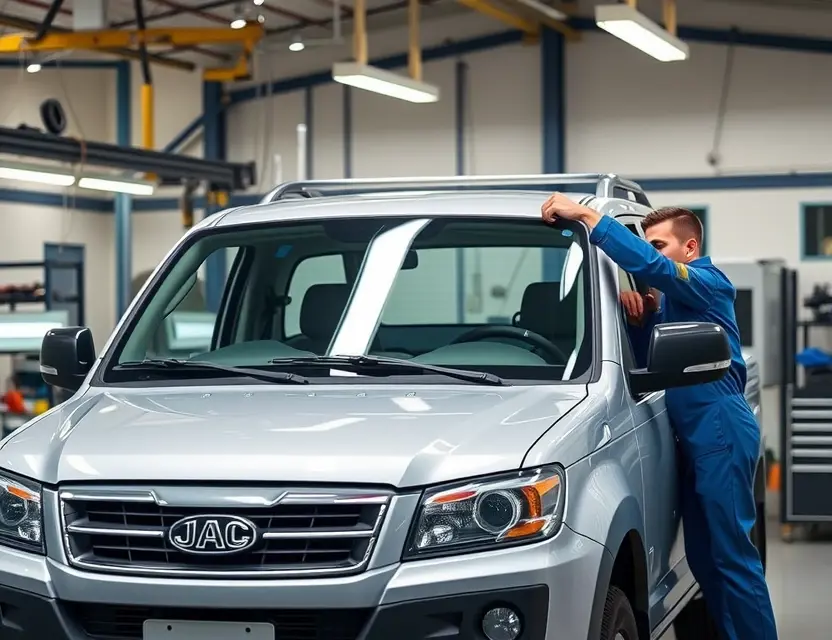 Замена лобового стекла JAC T8 A professional automotive workshop scene showing a JAC T8 pickup truck with its windshield being replaced by a technician, clean and well-lit garage environment, high-quality realistic photography, focus on the vehicle and the replacement process