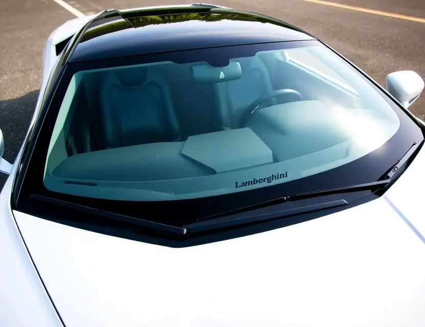 A Lamborghini Revuelto with a replaced windshield, showcasing the new glass. The car is parked on a clean, bright asphalt surface. Focus on the sleek design of the Revuelto and the clarity of the replacement windshield.