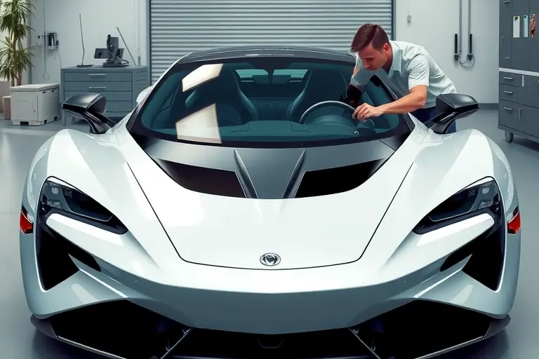 A high-resolution illustration of an Aion Hyper GT electric sports car with a sleek, futuristic design, showing the front view with the windshield being carefully removed and a new glass panel being installed by a professional technician, emphasizing the car's 340 hp performance and modern electric aesthetic, set against a clean workshop background with subtle lighting.