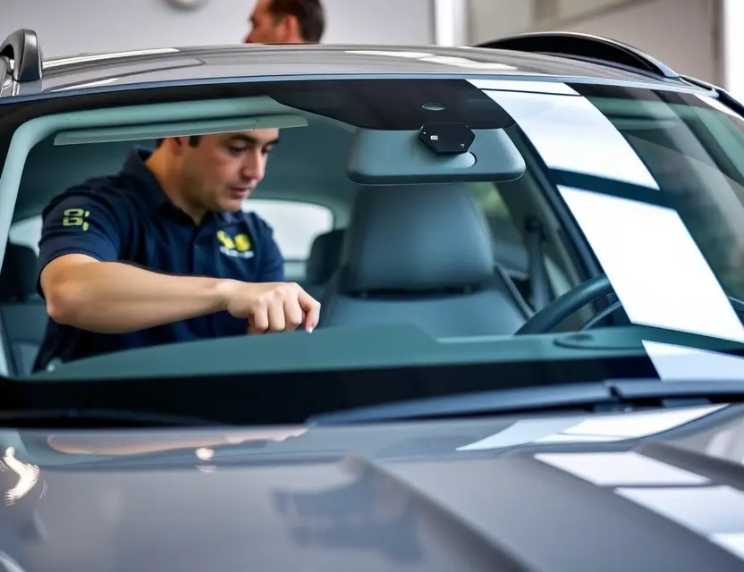 A high-quality image depicting a car windshield replacement service for a Stelato vehicle. The image should showcase a technician working on the windshield, with the car clearly visible in the background. Focus on the replacement process and the professionalism of the service.