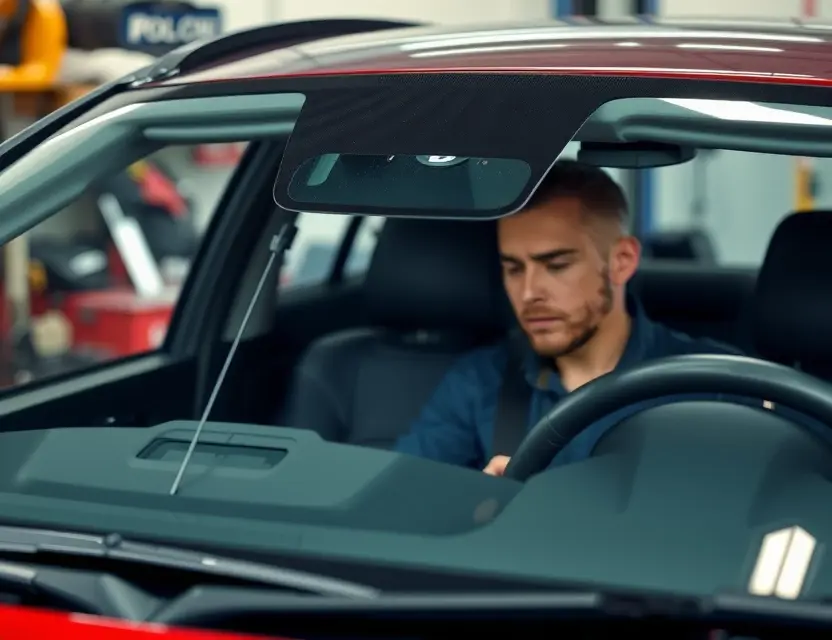 A close-up shot of a mechanic working on a Honda car windshield, focusing on the replacement process. The windshield is being removed, revealing the car's interior. Tools and parts are visible in the background.