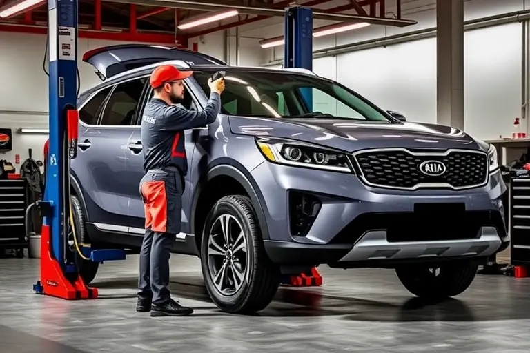 A realistic depiction of a mechanic replacing the windshield on a 2020 Kia Sorento 1.6 Hybrid 230 hp. The scene shows the vehicle on a lift, the mechanic in a work apron, tools laid out, the old windshield being removed and a new one being installed. The background is a garage with proper lighting, no text or signage.