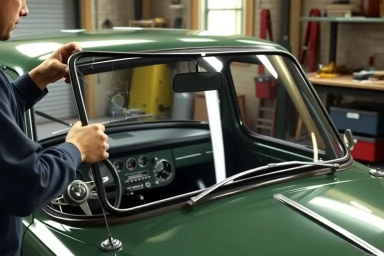 A detailed, realistic depiction of a 1960s Hillman Hunter 1.7L 72hp car with its windshield being replaced. The scene shows a mechanic in a workshop, holding a new windshield, with the old broken glass removed. The car is partially opened, showing the interior dashboard and the windshield frame. The setting is a workshop with tools and a workbench. The image should capture the vintage car's classic design, the replacement process, and a realistic workshop environment.