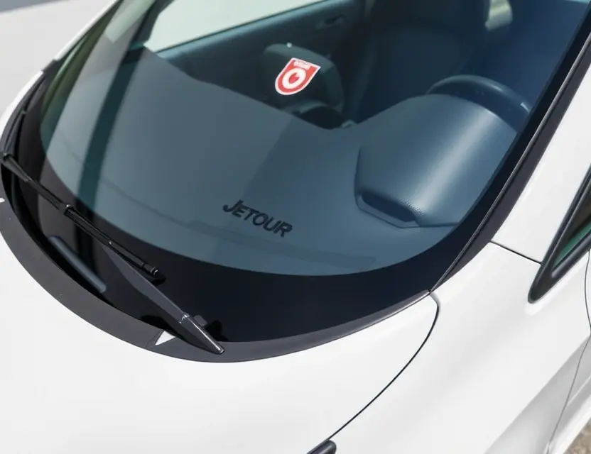 A close-up shot of a Jetour T2 car with a replaced windshield, showcasing the new glass. The car is parked on a clean, bright surface. Focus on the clarity and quality of the replacement windshield.