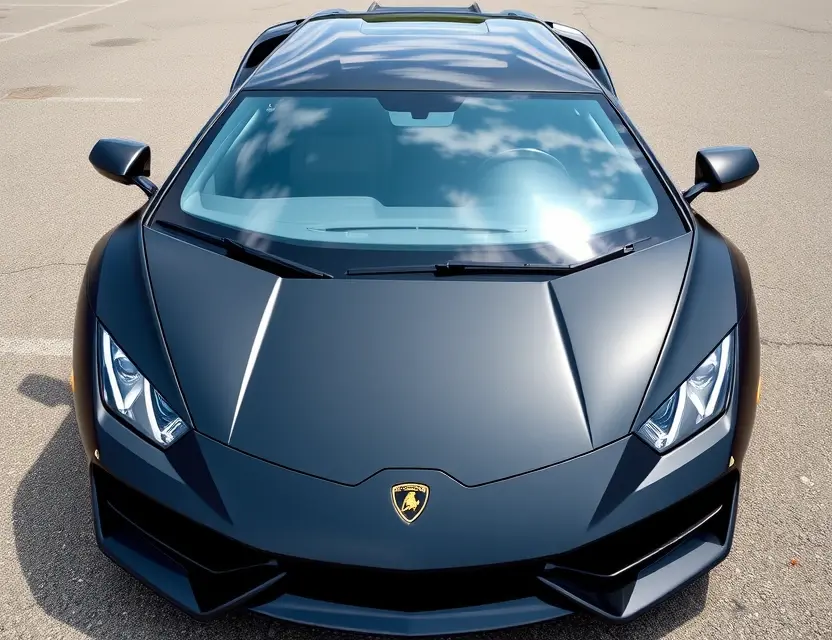 A Lamborghini with a replaced windshield, showcasing the new glass. The car is parked on a clean, bright asphalt surface. Focus on the clarity and quality of the replacement windshield.