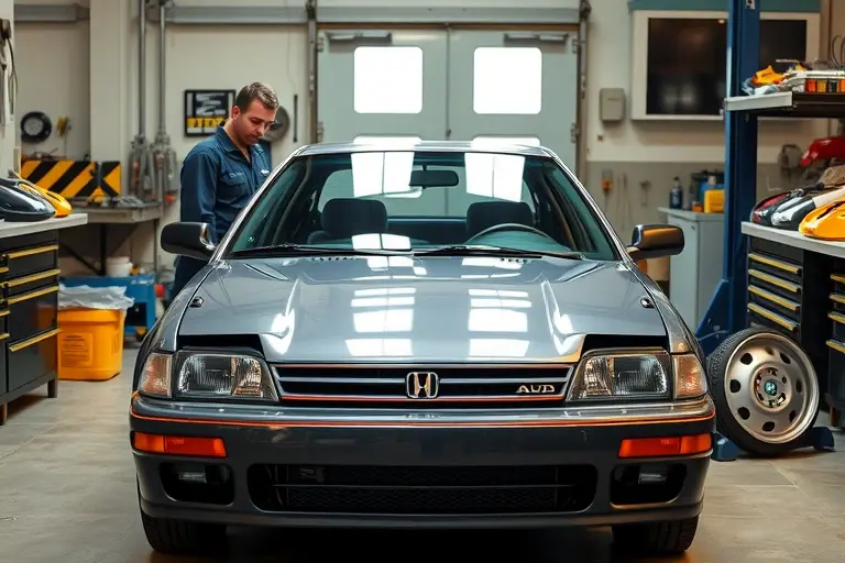 A detailed, realistic scene of a mechanic in a workshop carefully removing and installing a windshield on a 1986-1989 Acura Integra 1.6 D16, showing the car's front end with the old glass lifted away and a new glass positioned, surrounded by typical automotive tools and a clean garage environment