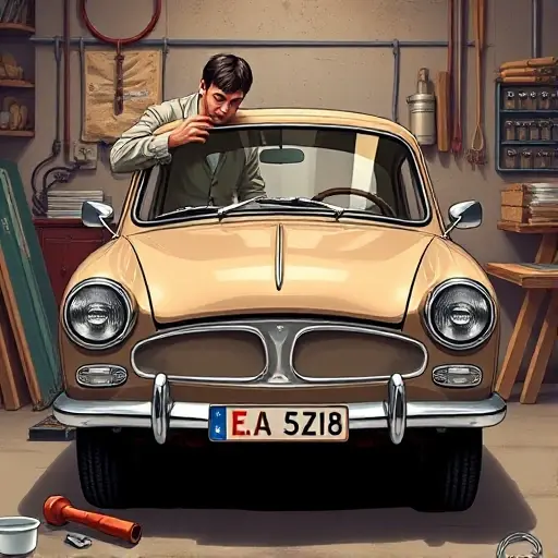 A detailed illustration of a 1960s ZAZ 965 (0.9 L, 27 hp) in a vintage workshop, showing a mechanic in period clothing carefully removing the old windshield and installing a new glass. The car is positioned front‑center, the windshield frame is visible, tools like a suction cup and rubber mallet lie nearby. The scene has a warm, slightly muted color palette, realistic lighting, and a focus on the car’s classic rounded shape and the glass replacement process.