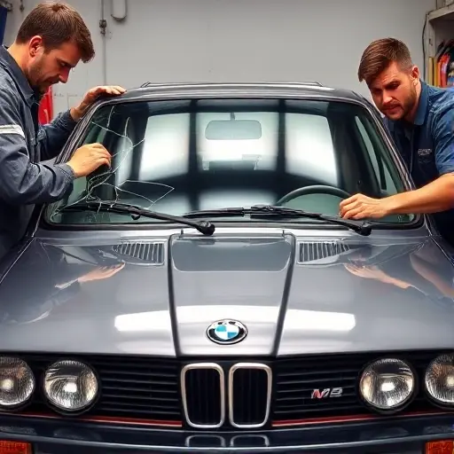 A close-up of a mechanic replacing the windshield on a classic BMW M3 E30 (1986-1987) in a garage, showing the car's front, the old cracked windshield removed, the new clear glass being fitted, with tools such as a suction cup, a rubber mallet, and a protective cover. The scene captures the detailed work, the car's iconic front grille, and the mechanic's focused expression, all rendered in a realistic style.