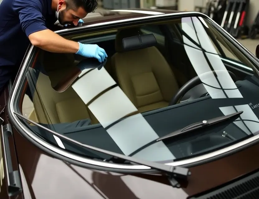 Замена лобового стекла Lancia Stratos HF A detailed view of a professional mechanic replacing the windshield of a Lancia Stratos HF, showcasing the car's iconic design and the precision of the repair process