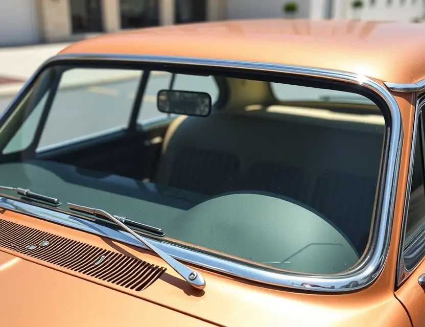 A Studebaker Golden Ha with a replaced windshield. The car is parked outdoors on a sunny day. The replaced windshield is clear and seamless. Focus on the car's details and the replacement process.