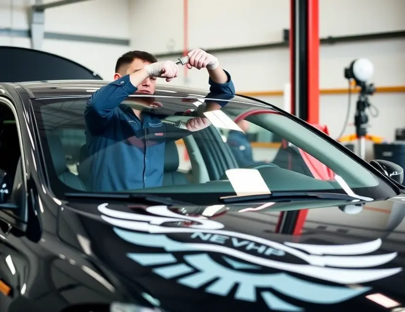 A car mechanic replacing the windshield of an Eagle automobile, showing professional tools and safety equipment, clean workshop environment, natural lighting, no text or logos