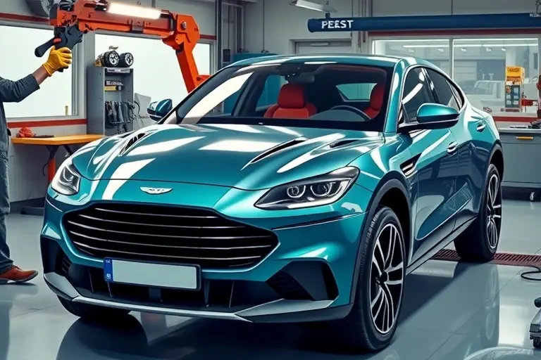 A high‑detail, realistic illustration of an Aston Martin DBX707 with its front windshield being professionally removed and replaced, showing the sleek SUV profile, the new glass fitting into the frame, and a clean workshop environment with tools and a technician’s gloved hands, all rendered in vivid colors and sharp focus