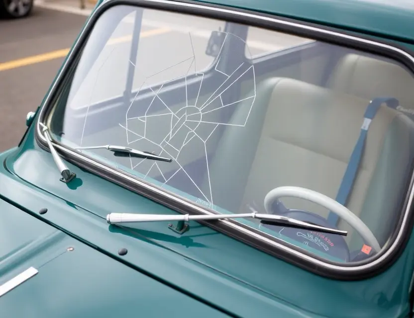 A close-up shot of an Austin A40 car with a cracked windshield, showing the area where the windshield needs replacement. The car is parked on a clean, slightly reflective surface. Focus on the damaged windshield area.