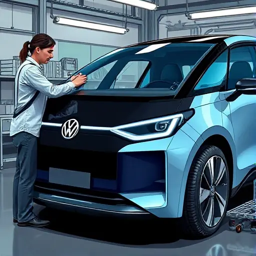 A detailed illustration of a mechanic replacing the windshield on a futuristic Volkswagen ID. Buzz electric vehicle with 340 horsepower, showing the car from a side angle with the front glass being removed and a new glass positioned, tools and parts visible, realistic lighting and textures, in the smallHQ style