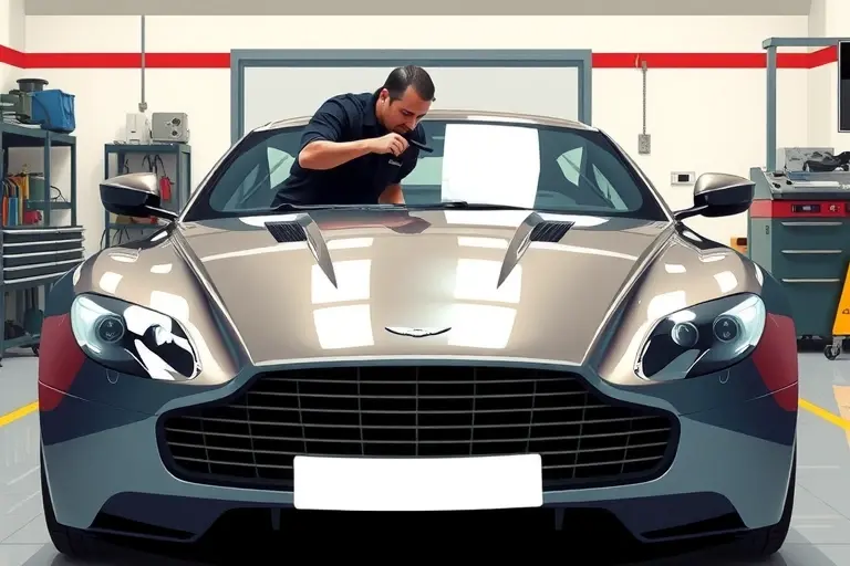 A high‑detail illustration of an Aston Martin V8 Vantage 5.3 L with its front hood open, showing a professional mechanic carefully removing the damaged windshield and positioning a brand‑new glass pane, set in a clean, well‑lit workshop environment; focus on the sleek lines of the car, the distinctive Aston Martin grille, and the precise windshield replacement process