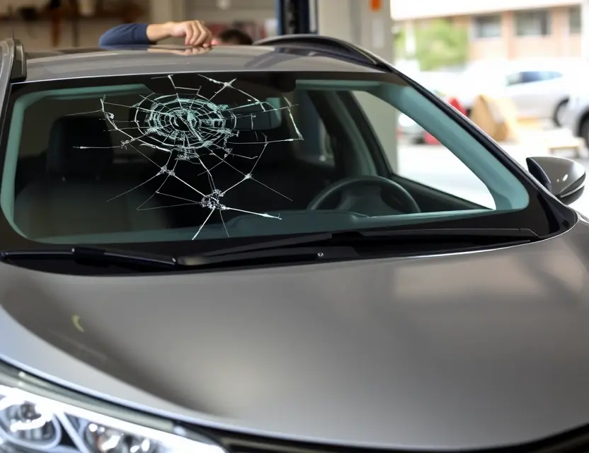 A Toyota car with a cracked windshield, with a mechanic working on replacing the windshield. The car is parked outdoors in a garage or repair shop. Focus on the windshield replacement process.