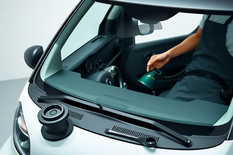 A close-up, realistic depiction of a Smart Fortwo EQ electric car with its windshield partially removed, showing the interior dashboard and a mechanic in a work apron holding a new windshield glass. The scene includes automotive tools such as a suction cup, a small wrench, and a cleaning cloth on a clean, neutral workbench. The background is a simple garage setting with a light source illuminating the car and tools, emphasizing the precision of the replacement process.