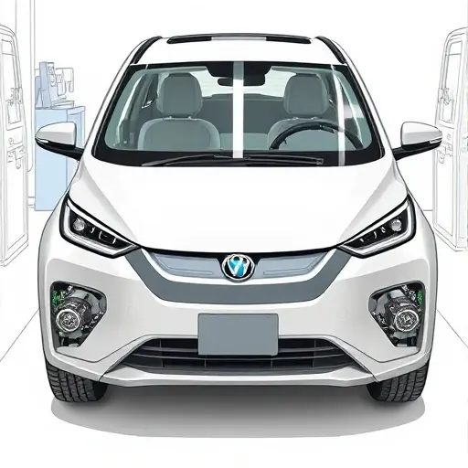 A detailed illustration of a Wey Coffee 01 PHEV 2.0T vehicle undergoing windshield replacement, showing the front of the car with the old windshield removed and a new glass being installed. Include four visible electric motor units positioned near the wheels, clearly labeled as electric motors, with realistic mechanical details. The scene is clean, focused on the car and components, with a workshop background, no people, no text or logos.