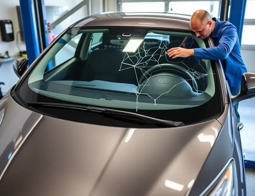A Zeekr 001 with a cracked windshield being replaced by a technician. The car is parked on a service lift in a garage. Focus on the replacement process and the technician's tools.