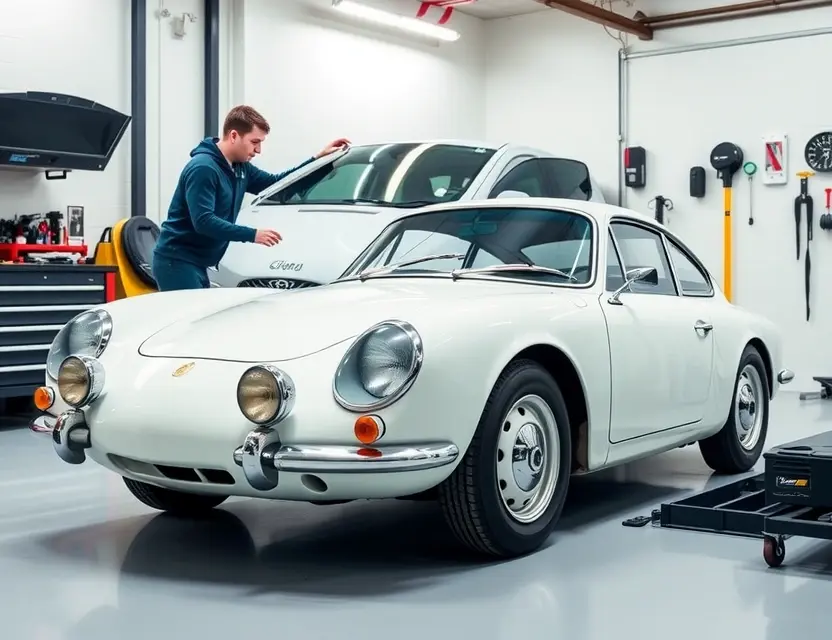 A clean, modern garage setting with a technician carefully replacing the windshield of a white Alpine A110 sports car, tools neatly arranged on a workbench, soft ambient lighting, high detail, professional automotive service atmosphere