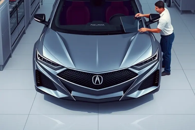 A detailed, realistic illustration of a 2024 Acura ZDX Electric Type S with a powerful 500 hp engine, focusing on the front view where the windshield is being replaced. Show the car on a clean workshop floor with professional tools and a technician's hands (without showing the technician's face) carefully removing the old windshield and positioning a new, pristine glass. Emphasize the sleek, futuristic design of the vehicle, the curvature of the windshield, and the high-quality replacement process, with subtle reflections and lighting that highlight the car's premium finish.