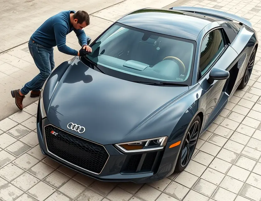 A high-quality image depicting the replacement of a windshield on an Audi R8. The car should be parked on a clean, well-lit surface. A mechanic is shown working on the windshield, with tools and parts visible. The focus should be on the replacement process, highlighting the precision and skill involved.