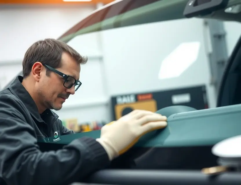 A close-up shot of a RAM 2500 truck windshield being replaced by a technician. The technician is wearing safety glasses and gloves. The windshield replacement process is visible, with tools and parts around. Focus on the hands and the replacement process.