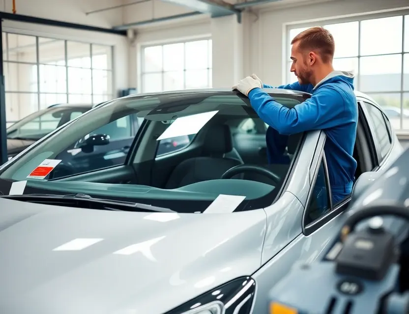 Замена лобового стекла Opel Astra Close-up, realistic photograph of a professional auto mechanic carefully installing a new windshield on a silver Opel Astra hatchback inside a clean, well-lit garage workshop. The mechanic wears blue overalls and protective gloves, holding the large glass pane with suction lifters while aligning it onto the car frame. The car's hood and dashboard are visible, showing the fresh adhesive bead around the windshield frame. Soft daylight enters through large windows, reflecting off the glossy new gla