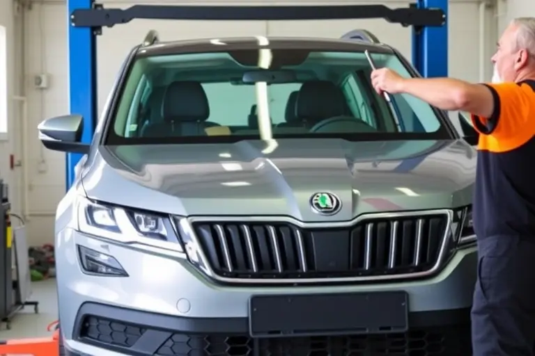 A mechanic in a professional automotive repair shop is replacing the windshield of a Skoda Kodiaq 2.0 TDI 200 hp (2016–present). The vehicle is positioned on a lift, with the old windshield removed and a new one being fitted. The mechanic’s hands are visible, using specialized tools and safety equipment. The scene emphasizes the replacement process, showing the car’s front profile, the tools, and the clean, well-lit workshop environment.