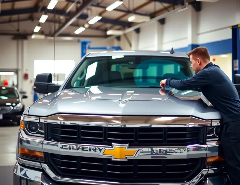 Замена лобового стекла Chevrolet Silverado 1500 A Chevrolet Silverado 1500 with a new windshield being installed by a professional technician in a well-lit auto repair shop, showing the removal of the old windshield and the precise placement of the new one, no people in the background, clean and professional environment