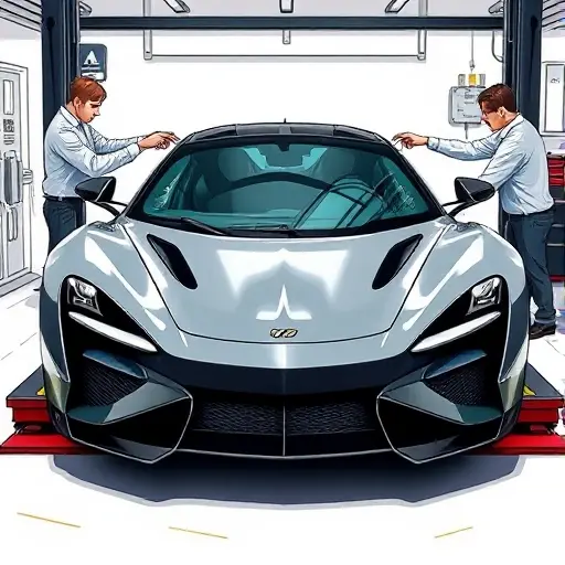 A high‑detail illustration of a W Motors Fenyr SuperSport 3.8 Twin Turbo undergoing windshield replacement in a modern garage. The sleek sports car is positioned on a lift, with the damaged front glass removed and a new windshield being carefully aligned by professional technicians using specialized tools. Emphasize the car's distinctive aerodynamic lines, aggressive front fascia, and the glossy finish of the new glass, while showing the clean, well‑lit workshop environment.