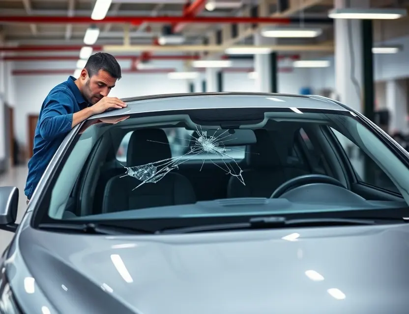 A modern car with a cracked windshield being replaced by a professional technician in a clean, well-lit auto service center, focusing on the windshield replacement process, no people's faces visible, high detail, realistic lighting