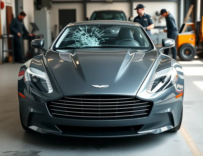 A high-quality image of an Aston Martin Rapide with a cracked front windshield being replaced by a new clear glass, showing the car in a professional auto glass repair shop setting with tools and technicians, realistic lighting, detailed car design, no text or numbers on the image