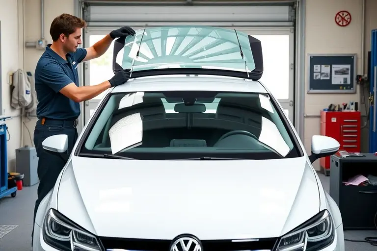 A professional mechanic in a clean garage carefully removing the damaged windshield of a 2019 Volkswagen Golf 2.0 TDI (115 hp) and installing a new clear windshield. The car is centered, showing its front profile with the hood and roof visible. The scene includes typical garage tools such as suction cups, a windshield removal tool, and a protective sheet, with bright, natural lighting highlighting the sleek design of the Golf and the precision of the replacement process.