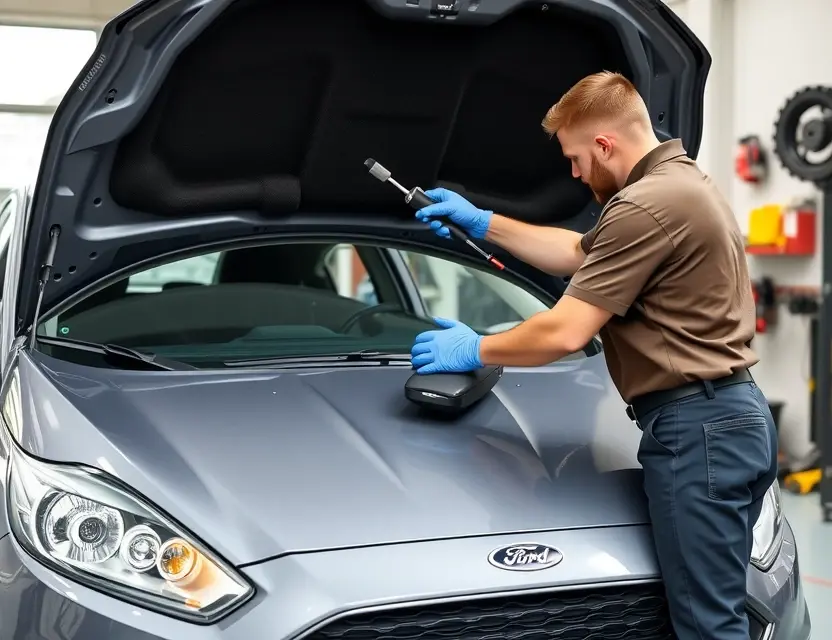 A detailed image of a professional mechanic replacing the windshield of a Ford Fiesta. The scene should include the car with its hood open, the mechanic wearing safety gloves and using specialized tools to carefully remove the old windshield and install the new one. The setting should be a well-lit garage with various automotive tools and equipment in the background.