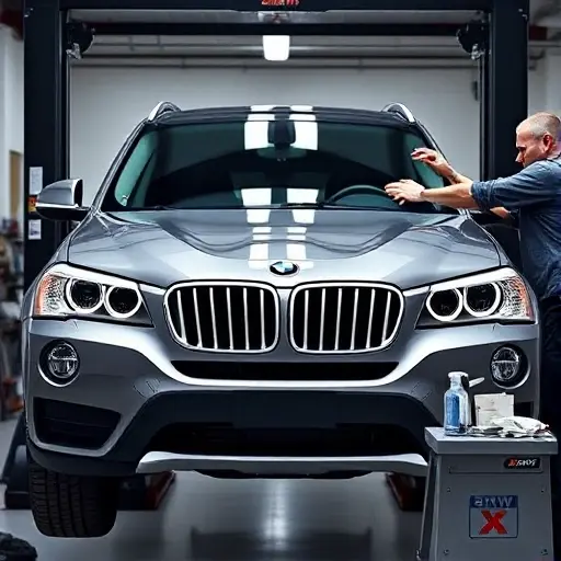 A detailed workshop scene showing a mechanic replacing the windshield of a 2011-2017 BMW X3 2.0L 184hp. The car is partially lifted on a lift, the old windshield is removed, a new clear glass panel is being fitted. Tools such as a suction cup, a windshield sealant, a cleaning cloth, and a small workbench with a BMW X3 model reference are present. The focus is on the car's front, the windshield area, and the mechanic's hands. The background is a clean automotive repair shop with subtle lighting.